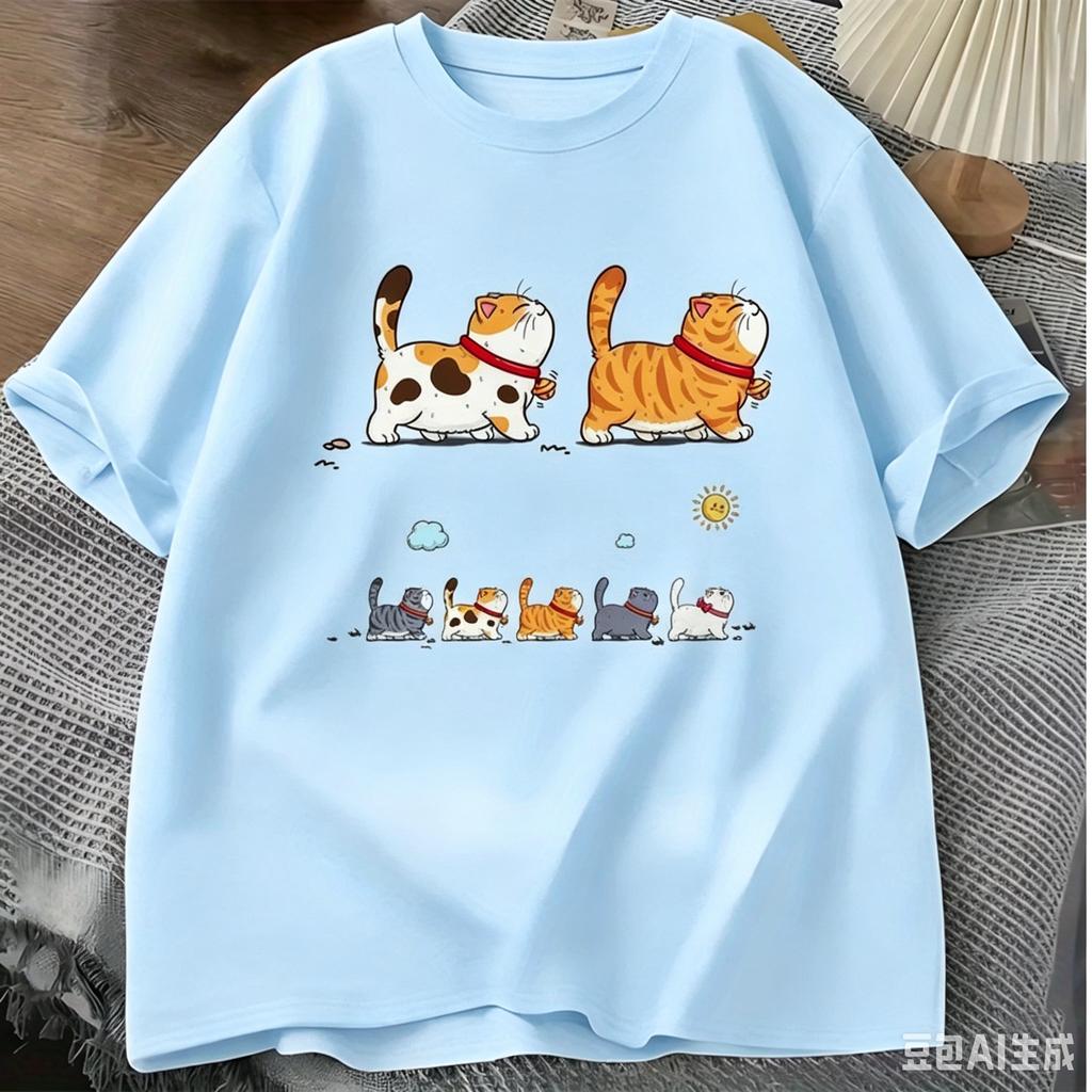 Summer Unisexs Tshirt Loose Cute Cat Team Pattern Sporty Casual 100 Cotton Comfortable for Versatile Suitable for All Occasions