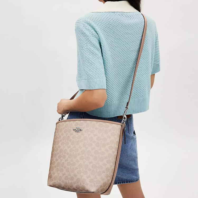 Coach City Bucket 34 Detachable Shoulder Strap Snap Closure Coated Canvas And Leather Tote Crossbody Shoulder Bag Large Women Bags CT802-SVPWH