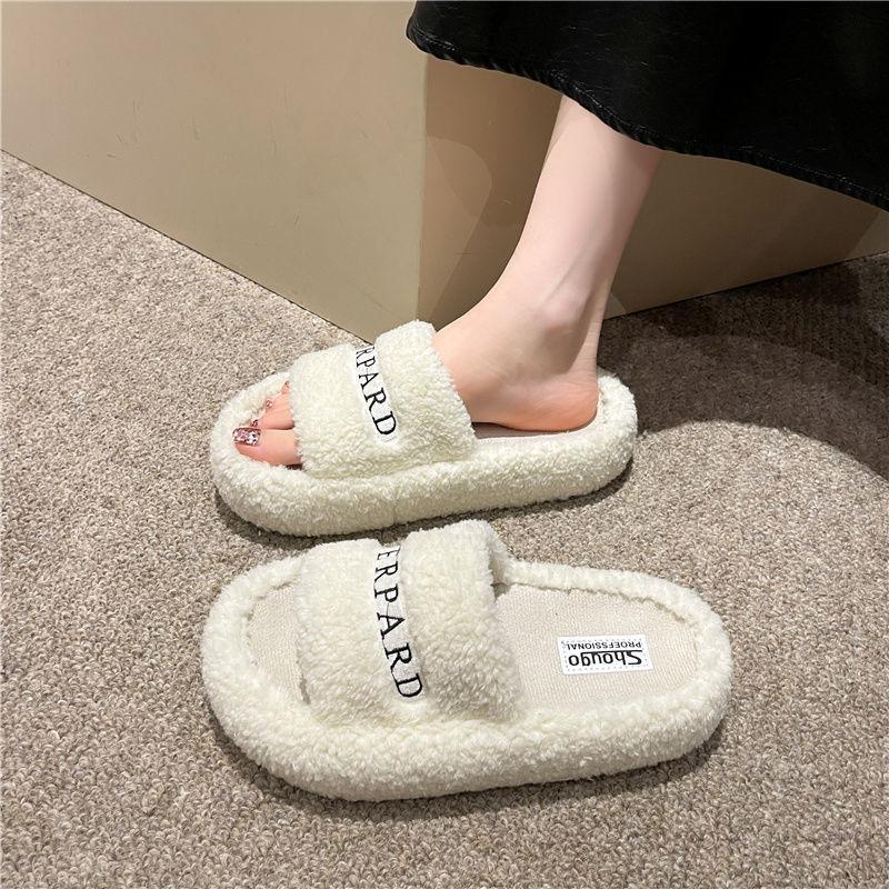 Small Black Fluffy Shoes for Women To Wear New Autumn and Winter Fashion Going Out Thick-soled Plush Cotton Slippers