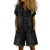 Women’s Short Sleeve Denim Romper Button Down Collared Casual Jumpsuit with Front and Side Pockets for Everyday Wear