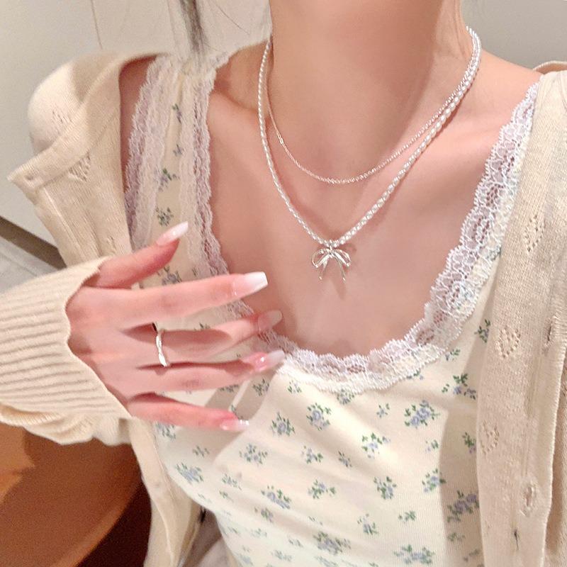 Xiaomi beads blogger double-layer pearl necklace women's bow necklace accessories collarbone chain high-end sense light luxury