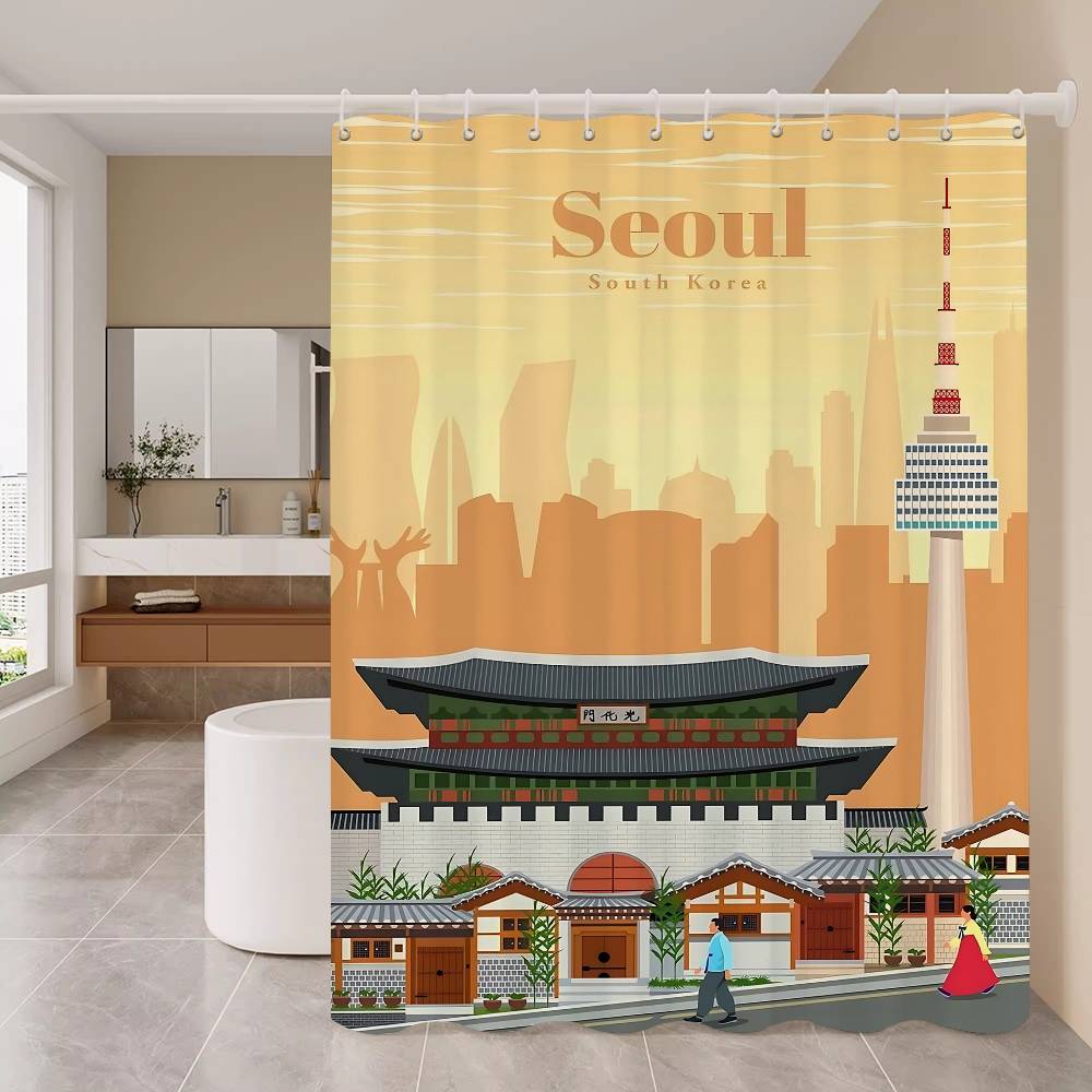 

Классический Тренд Городской Пропагандистский Узор Занавеска для Ванной Комнаты Занавеска для Душа Водонепроницаемая с 12 Крючками Домашний Декор 90x180 cm