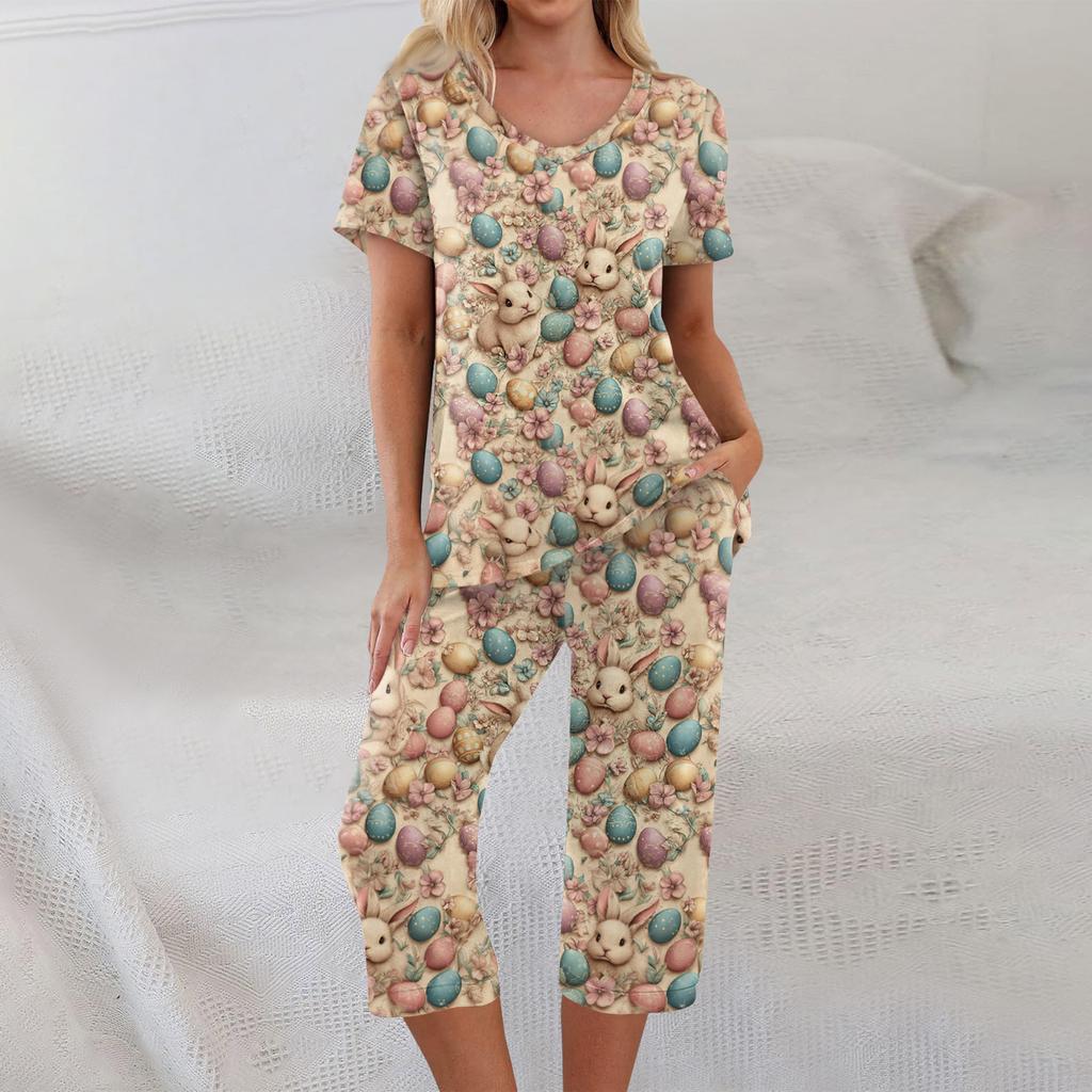 2 Piece Sets For Women Short Sleeve Top And Pants With Pockets Workout Soft Print Sets