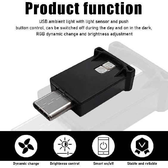 povtii USB Type C LED Ambient Light, Mini 8 Colors RGB LED Light, Adjustable Brightness Interior Atmosphere Lamp for Automotive, Home, Laptop,