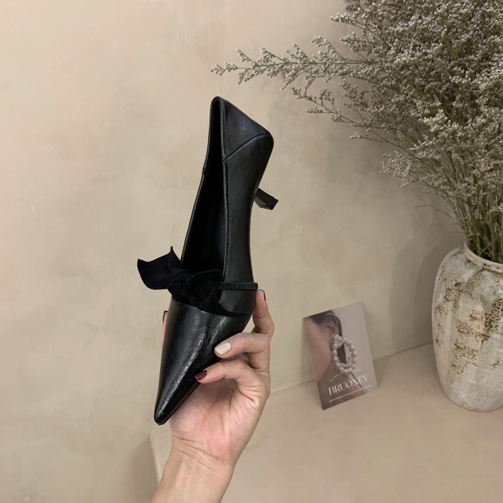 Commuter style burgundy pointed high heels women's 2025 spring and autumn new fashion bow thin heel light mouth single shoes