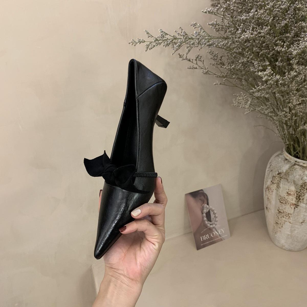 

Бордовые туфли-лодочки на высоком каблуке в стиле кэжуал, женские, 2025, весна-осень, новая модная модель с бантом, на тонком каблуке, с открытым верхом 34