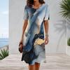Women Plus Size Round Neck Short Sleeve Marble Printed Blue A Line Midi Dress