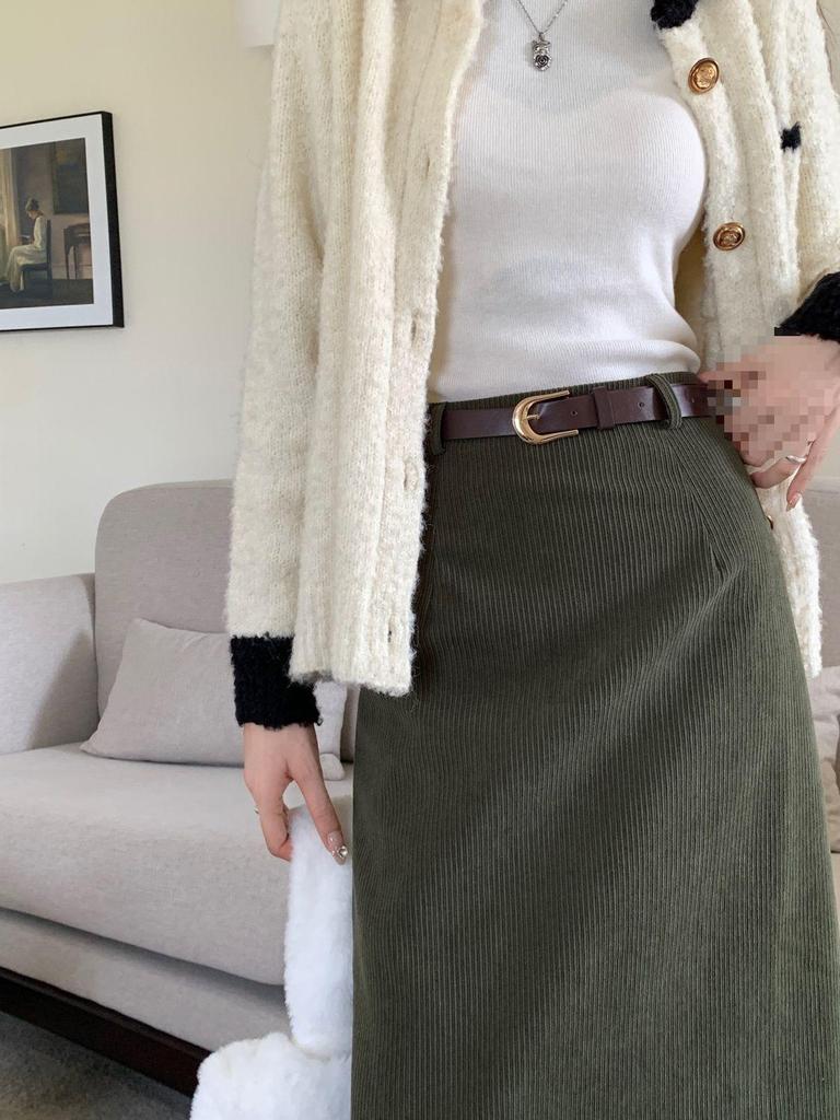 Gonna midi in velluto a coste rétro a vita alta da donna - Vestibilità slim, Design autunno/inverno, Linea ad A dritta che copre i fianchi