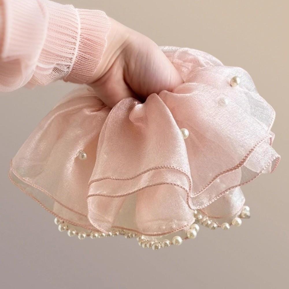 Pearl Large Organza Scrunchies Hair Bands Hair Ties Ponytail Holder Gentle Elastic Oversize Chiffon Scrunchies Bun Hairstyle