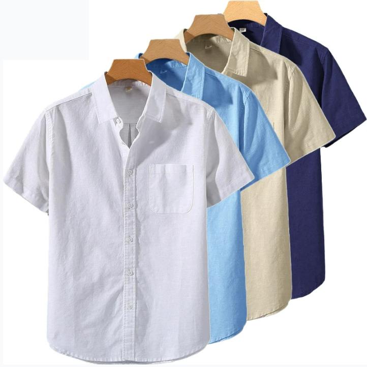 Summer Mens Short Sleeve Shirts Solid Color Stand Collar Oversize T Shirts Breathable Loose Youth Basic Cotton Pocket Shirts Man