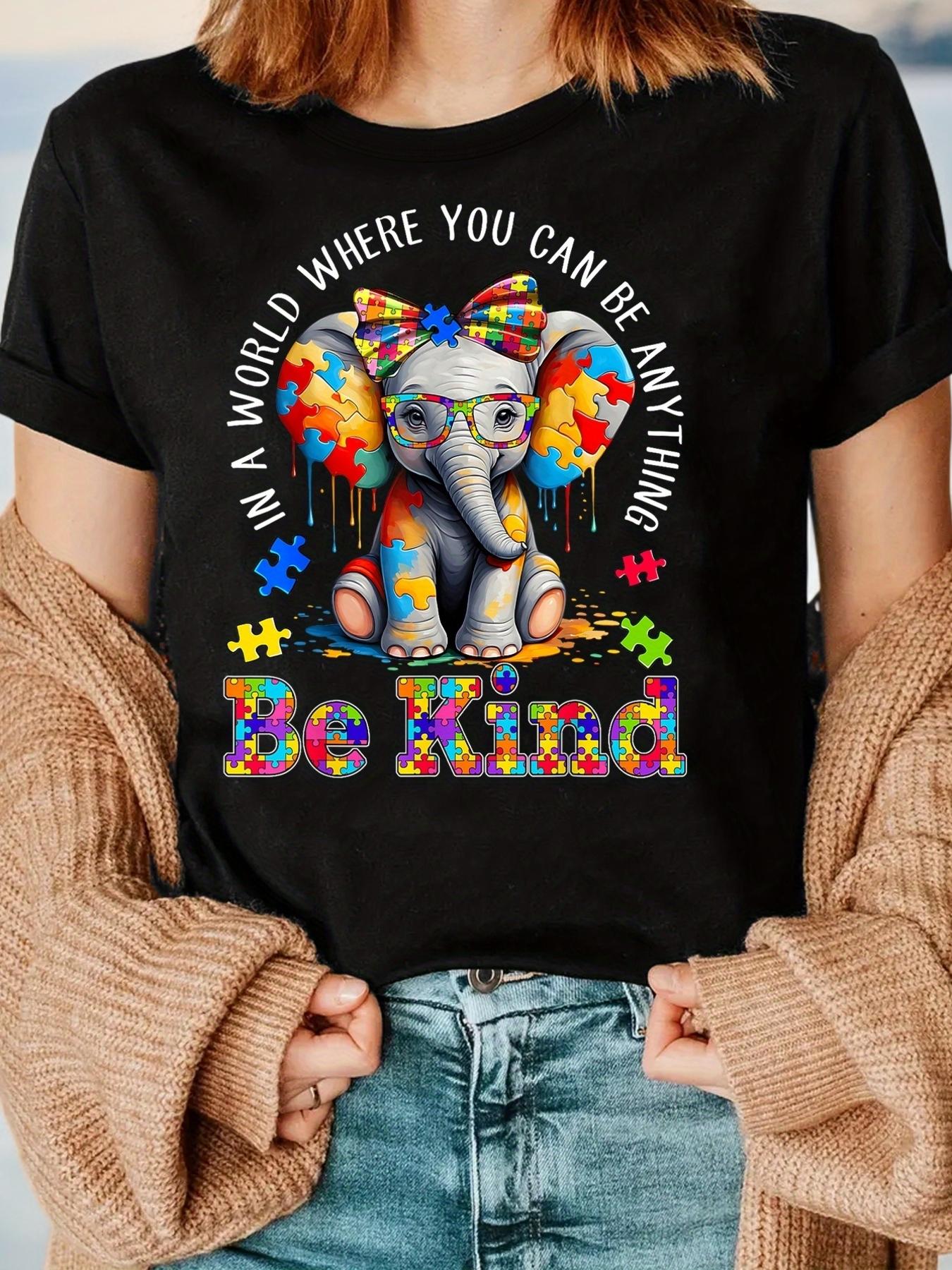 

Women S Short Sleeve Round Neck Pullover T-Shirt Made From Knit Fabric, Featuring An Elephant Graphic for Autism Awareness, A Puzzle Pattern 4XL