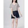Contrasting Striped V-Neck Short Sleeve T-Shirt Women's Summer Design Irregular Front Shoulder T-Shirt Top