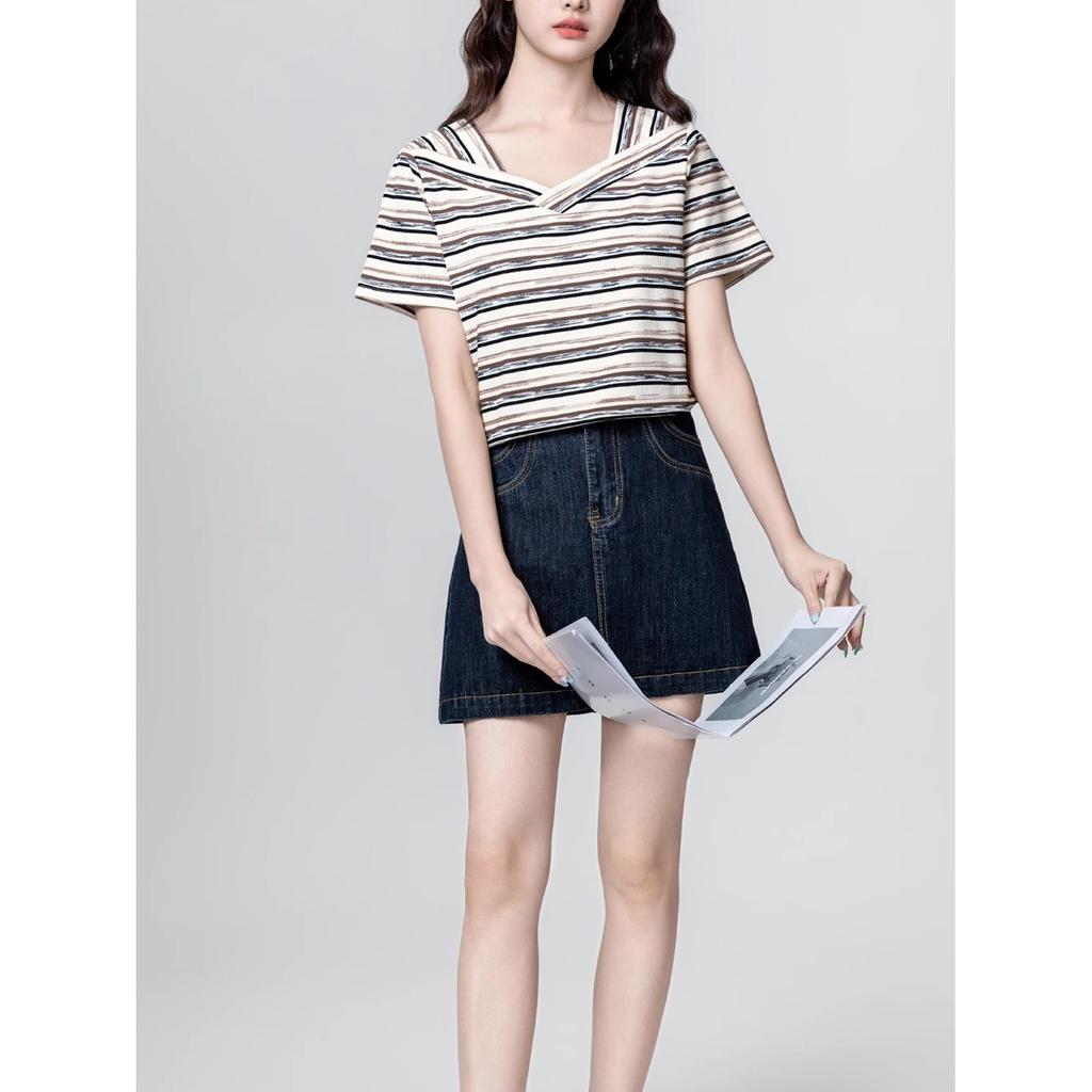 Contrasting Striped V-Neck Short Sleeve T-Shirt Women's Summer Design Irregular Front Shoulder T-Shirt Top