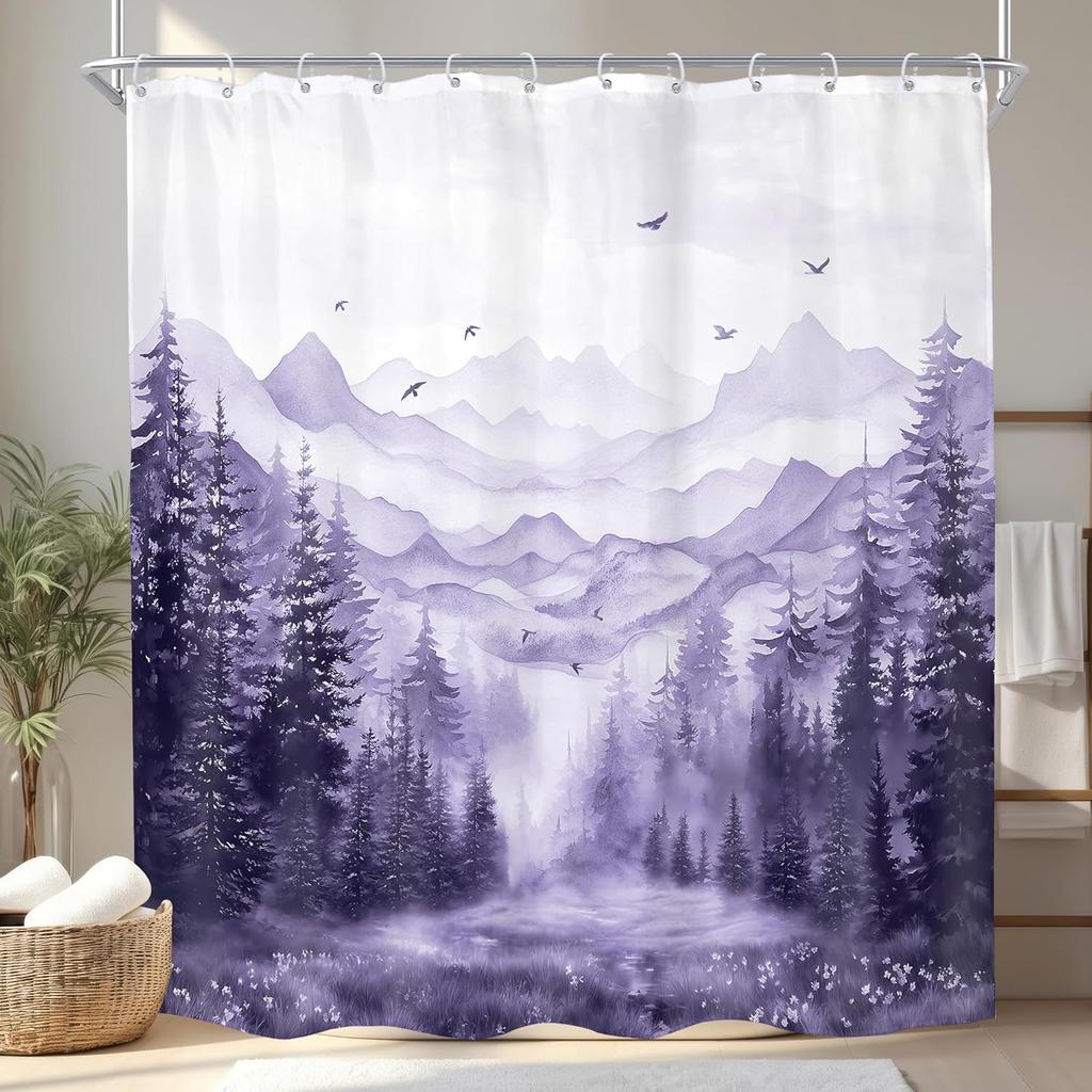Rustic Green Mountain Shower Curtain for Bathroom Nature Misty Pine Tree Modern Woodland Watercolor Scenery Landscape Fabric