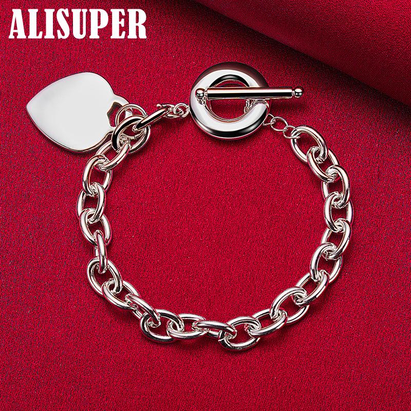 925 Sterling Silver TO Clasp Heart Pendant Bracelet Jewelry