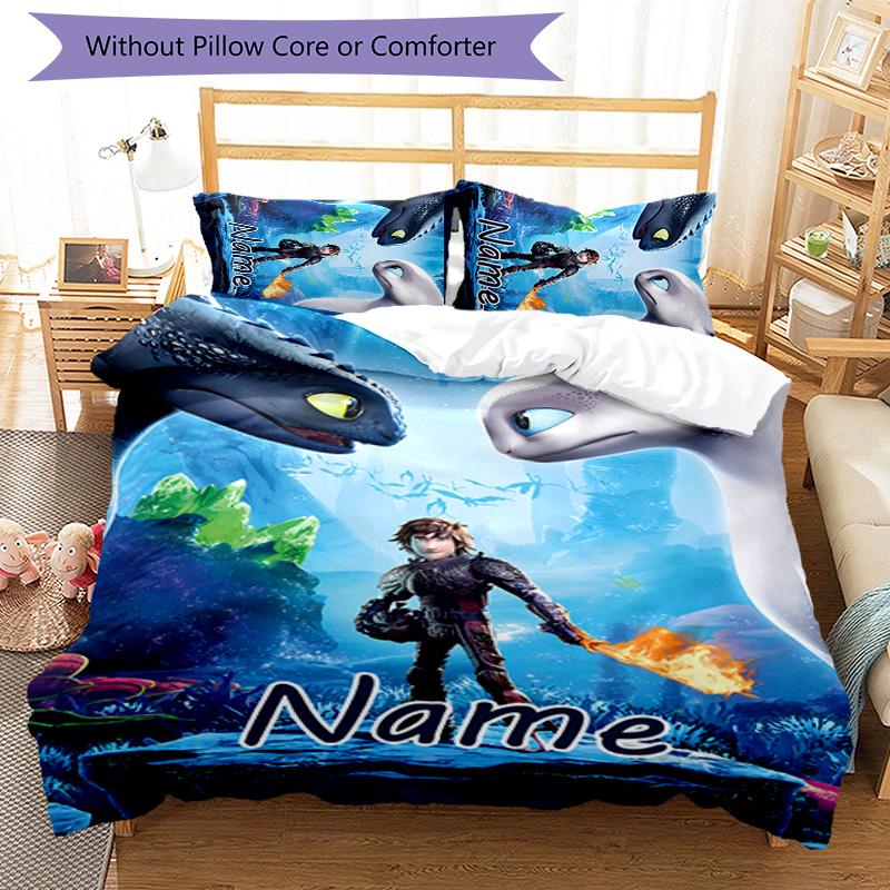 3pcs Toothless Cover Set - Personalized Name, HD Printed Bedding with 1 Cover and 2 Pillowcases - Perfect for Home Decor, Easy Care