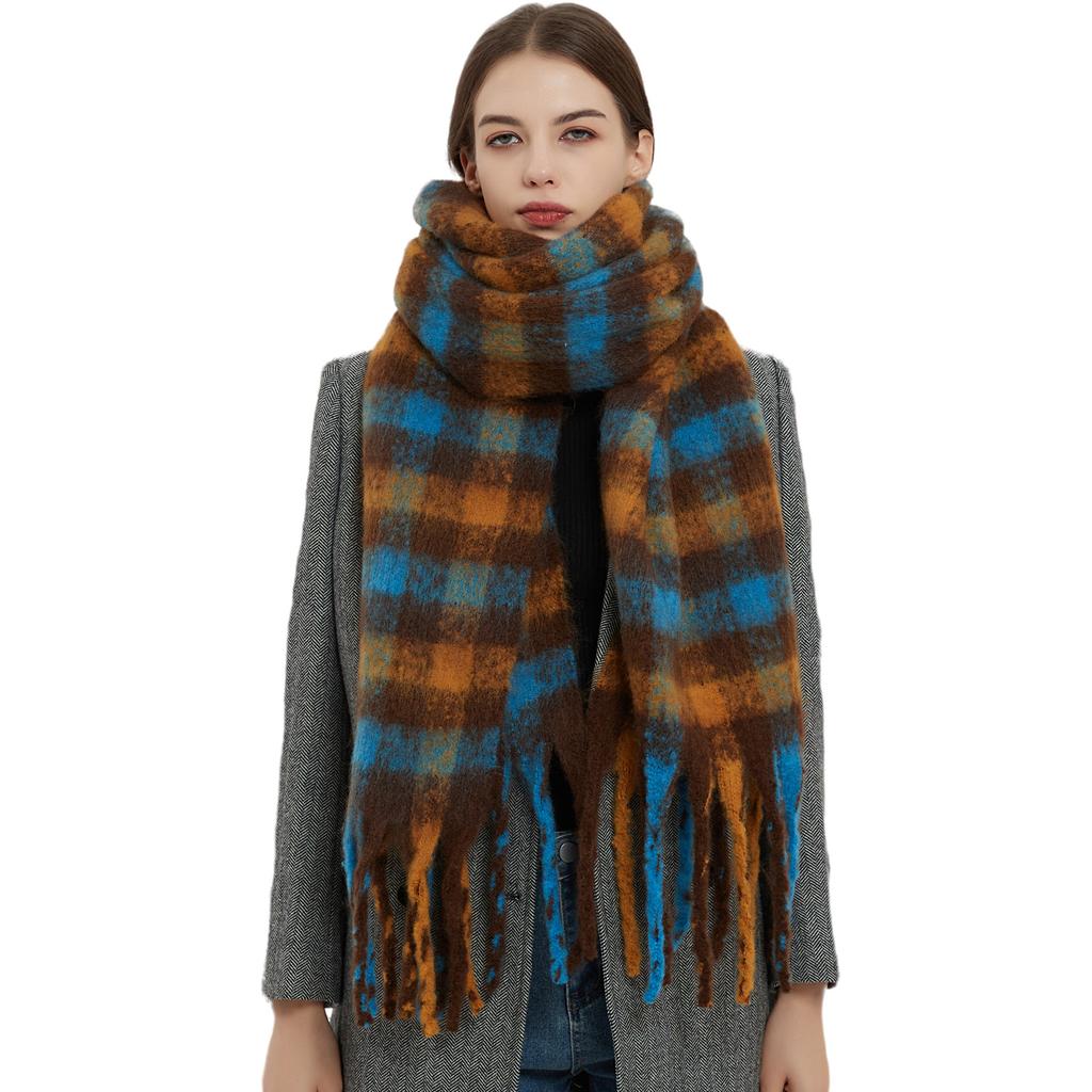 Foreign trade winter thickened imitation mohair small plaid scarf European and American new thick tassel plaid scarf shawl manufacturer