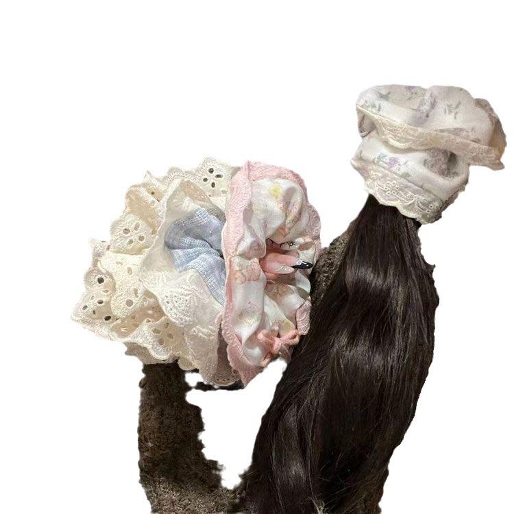 Korean Gingham Ballet Hair Tie - Cute Creamy Style Hair Rope with Lace Edge
