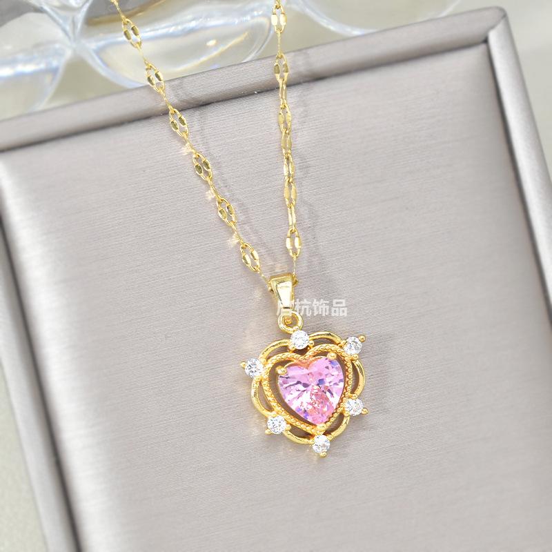 Pink Zirconium Love Necklace Women'S Light Luxury Simple Versatile Inlaid Pendant