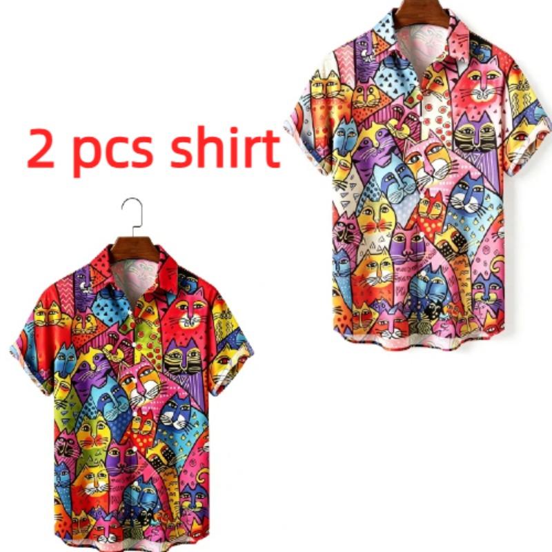 Summer Fashion Funny Colorful Cartoon Cat Printing Shirt Hawaiian Beach Vacation Clothing Men's Street Style Shirt Daily Men's and Women's Shirt
