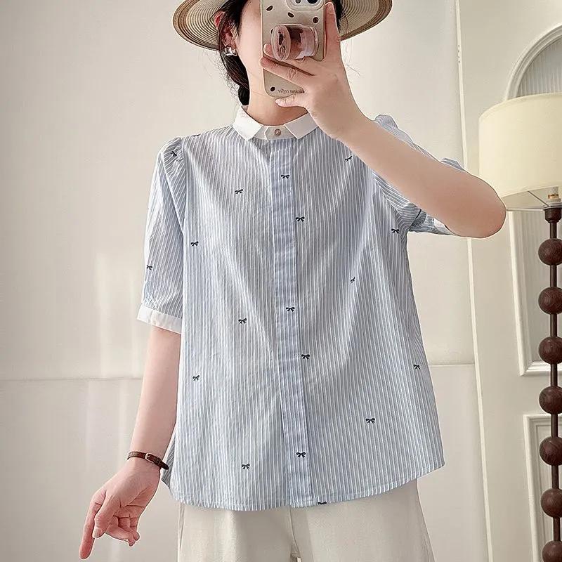 Summer Women s Elegant Puff Sleeve Striped Button Down Blouse S синий