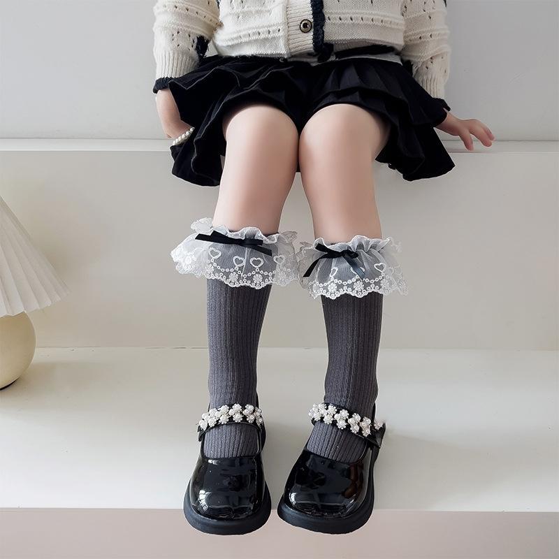 White Lace Socks Children Cotton Socks Korean Girl Bow Lolita Princess Long Socks Solid Color Kids Knit Stockings Spring Autumn