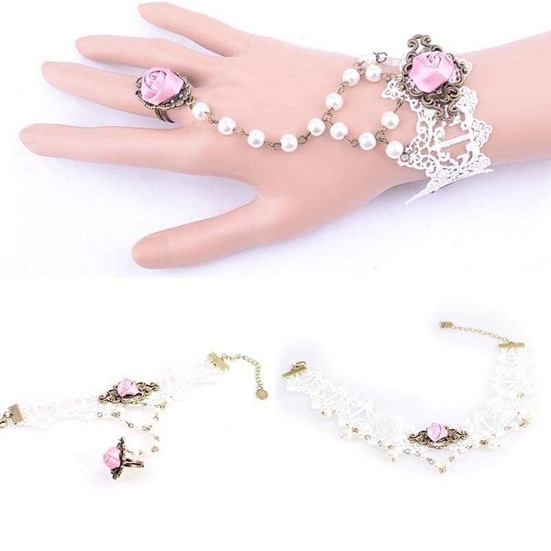 Chic Gothic White Flower  Lace Choker Bib Necklace Beads Chain Pendant Rose Decorate