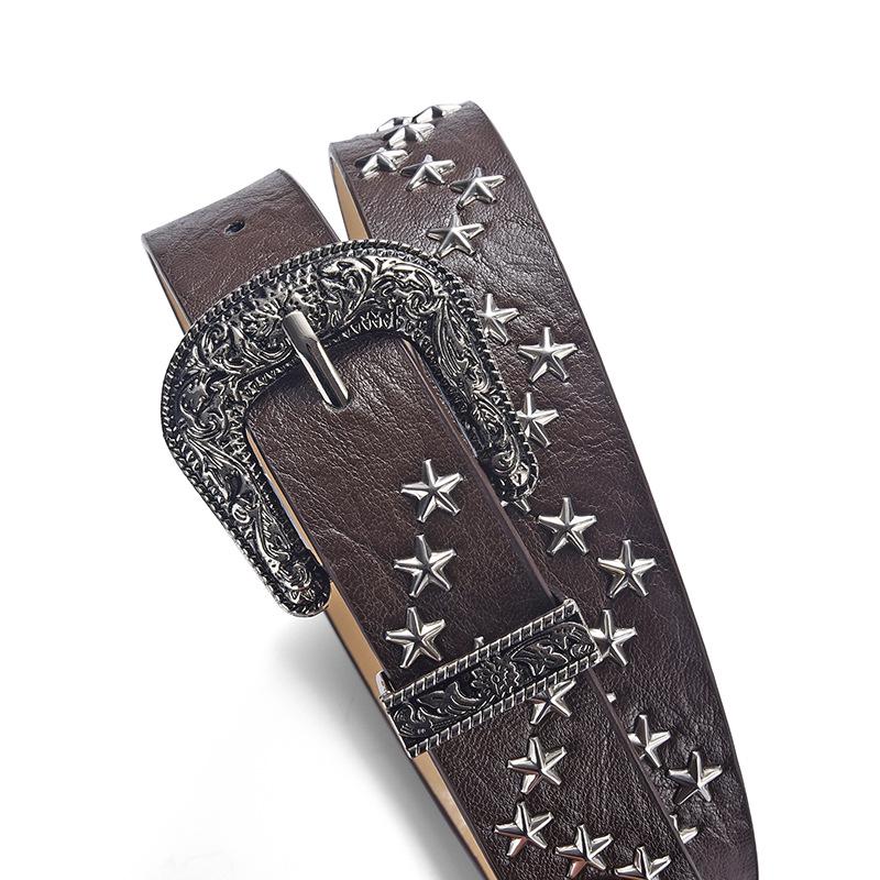 2024 Korean Niche Design Retro Belt: Women's Star-Decorated High-End Brown PU Leather Waist Belt.