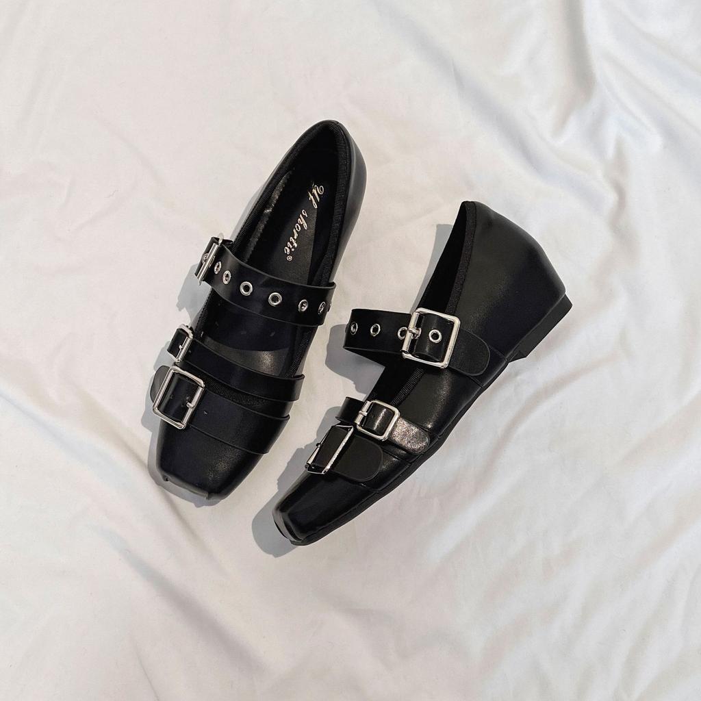 Zsj Damenschuhe 2025 Herbst neue Ballerinas Mary Jane Schuhe vielseitig Leder flacher Ausschnitt eckige Zehen Schnalle Einzelne Schuhe