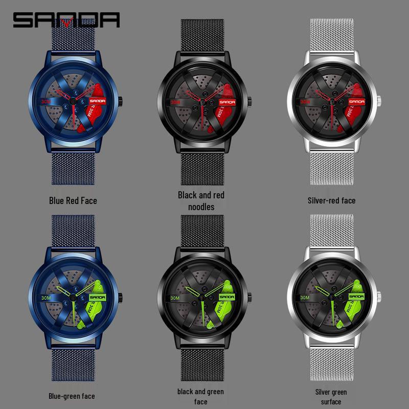 Sanda Men's Fashion Quartz Watch, Mesh Strap, Waterproof, Outdoor Casual, Hollow Wheel Dial.
