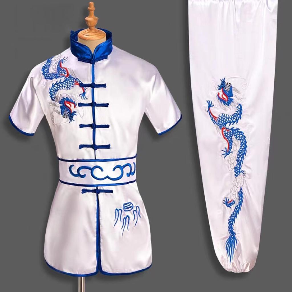 Męski Styl Chiński Kobiety Dzieci Haftowany Smok Strój Kung Fu Tai Chi Wushu Uniform Zestawy Kurtka Spodnie Sport na Zewnątrz