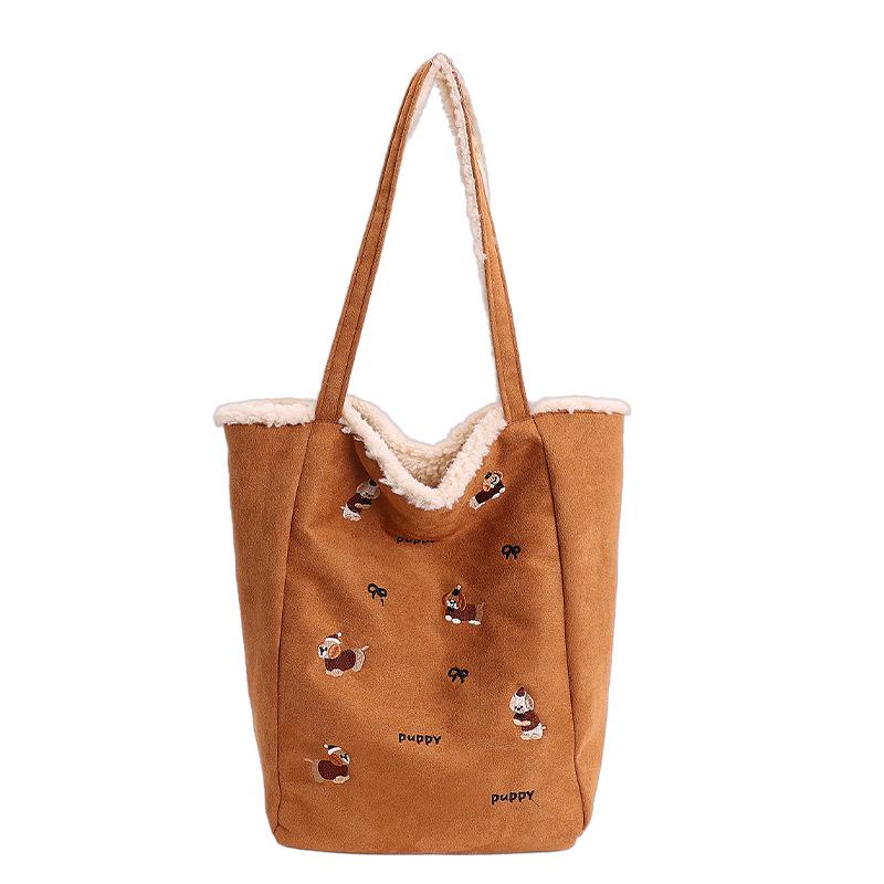 Embroidered Plush Tote Backpack - Double-Sided Design for Commuting