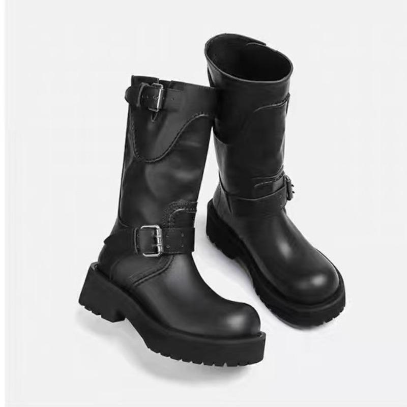 Wind Venom Boots Belt Buckle Thick-soled Medium Tube Knight Boots Upturned Head Western Cowboy Boots Women