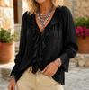 European and American new women's clothing ruffle leaf edge lace-up horn sleeve pleated V-neck long-sleeved shirt top