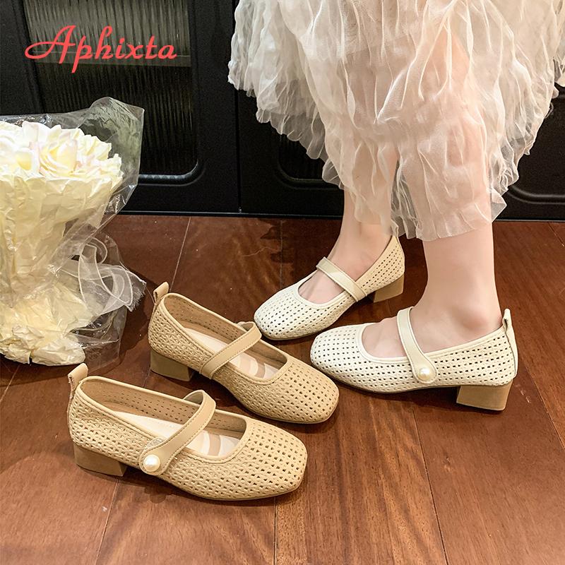 Fashion Aphixta 3.5cm Square Heels Women Mary Janes Shoes Hook Loop Pearls Weave Design Dress Shoes Breathable Med Heel Woman Shoes
