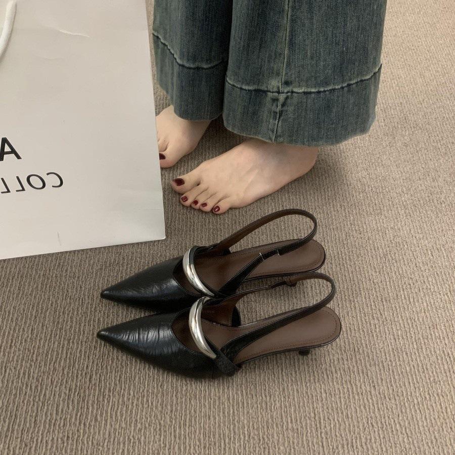 Premium temperament beautiful pointed high heels with bag head sandals women's silver small heels