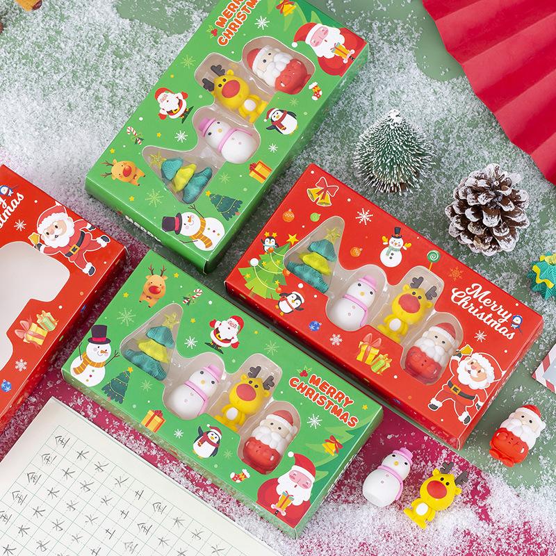 4 Stück/Set Niedliche Weihnachts-Bleistift-Radiergummi Cartoon Weihnachtsbaum Weihnachtsmann Elch Schneemänner Gummi-Radiergummis Kawaii Schreibwaren Kinder Schule Supp