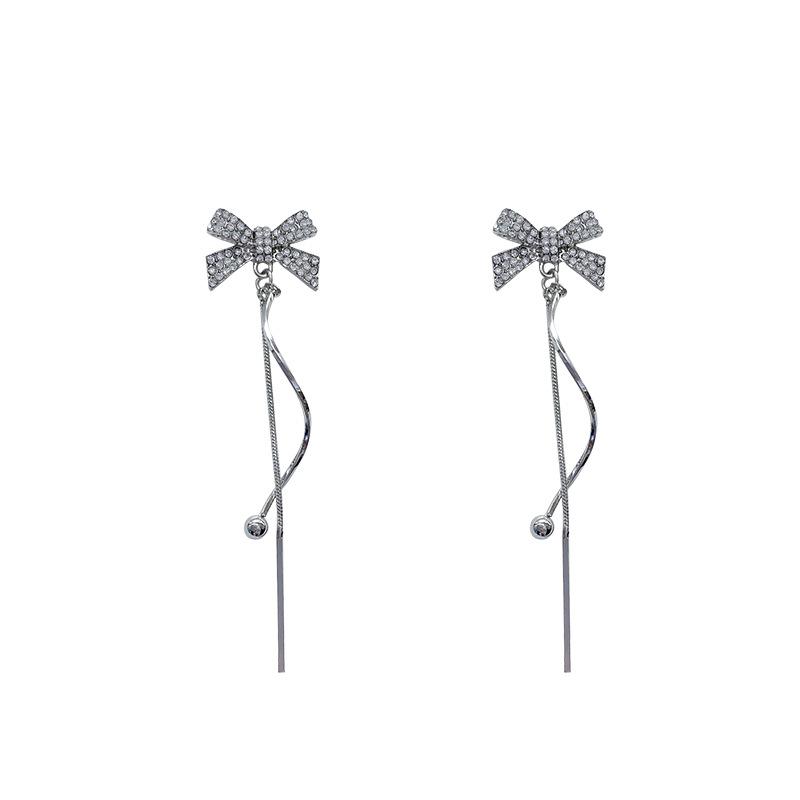 European and American retro long diamond bow earrings female fringed Internet celebrity earrings 925 silver needle ears