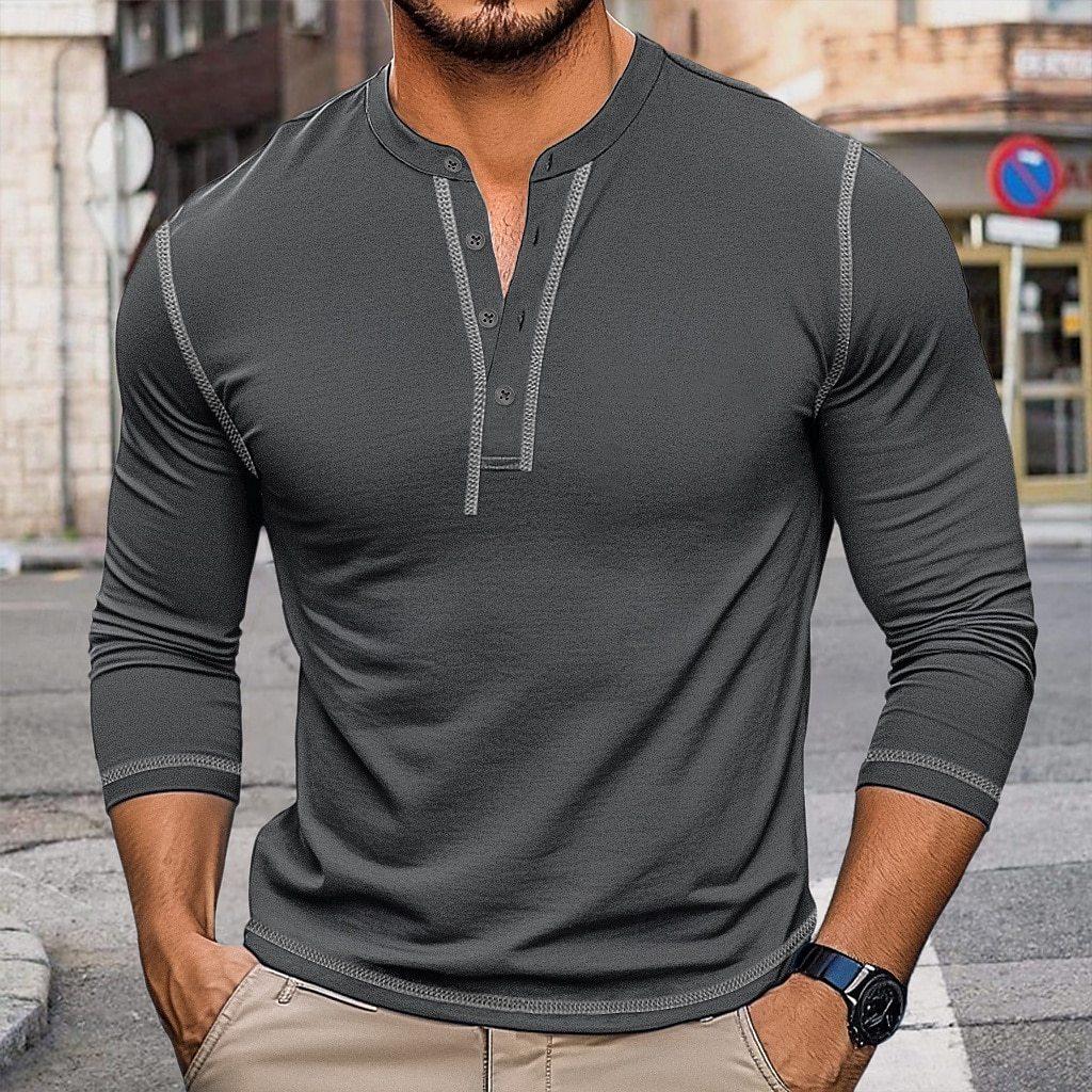 Mens Vintage Color Block Long Sleeve Crew Neck Henley T Shirt Casual Top