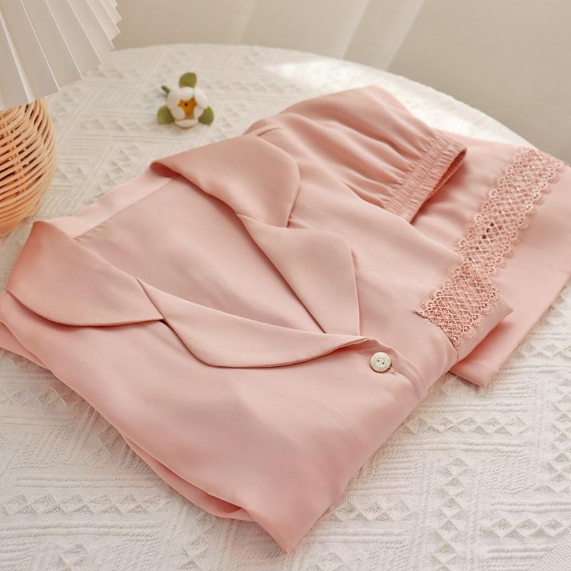Solid Color Hollow Lace Edge Pajamas Summer Women'S Ice Silk Summer Short-Sleeved Shorts High-End Home Set