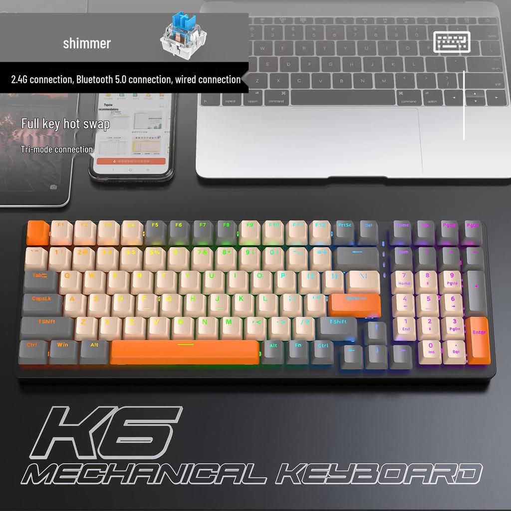 Bluetooth Three-Mode Hot-Swappable Mechanical Gaming Keyboard Wolf K6 980 - Customizable for Laptops and Esports.