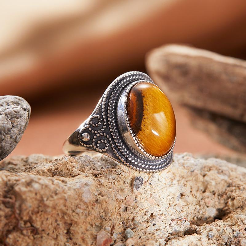 Personalized Retro Natural Colored Treasure Malachite Tiger Eye Blue Gold Gemstone Ring Women'S S925 Sterling Silver Index Finger Ring