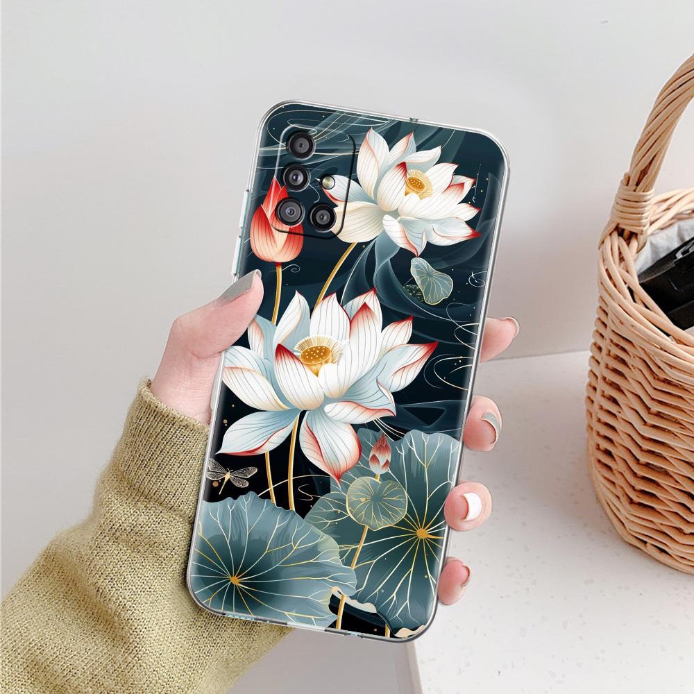Phone Case For Samsung A15 A13 A35 A55 A51 A71 A41 A31 A21S A03S A05 A17 A23 A25 A33 A53 A73 5G A07 4G Clear Cover Lotus Pattern