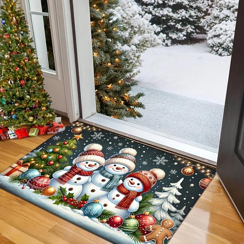 Winter Christmas Snowman Pattern Rug Bedroom Hallway Entrance Door Mat Non-Slip Stain-Resistant Rug Home Decor