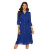 Fashion Women Belt Flared Sleeve Casual Dress Solid Color Shirt Collar V-neck Waist Tie Shirt Dress