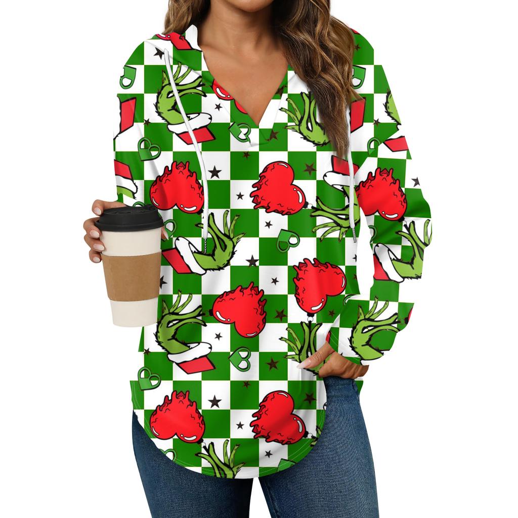 Women's Fashion Hoodies V Neck Long Sleeve Christmas Printed Drawstring Casual Loose Pullover Tops