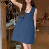 Women U Neck Sleeveless Solid Color Casual Tank Dress
