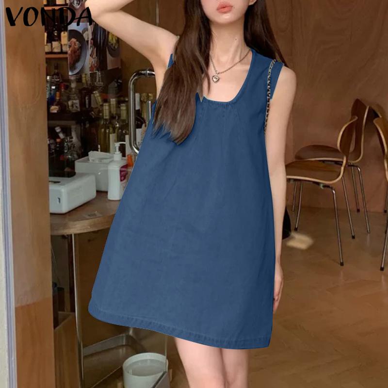 

VONDA Women U Neck Sleeveless Solid Color Casual Tank Dress M синій