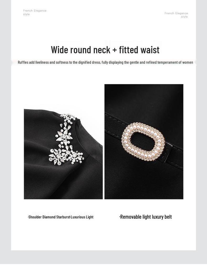High-End Round Neck Studded Ruffle Sleeve Waist-Cinching Dress for Women - Summer Fashion