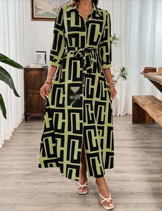

European & American Fashion Seven-Sleeve Printed Belt Dress XXL зелёный